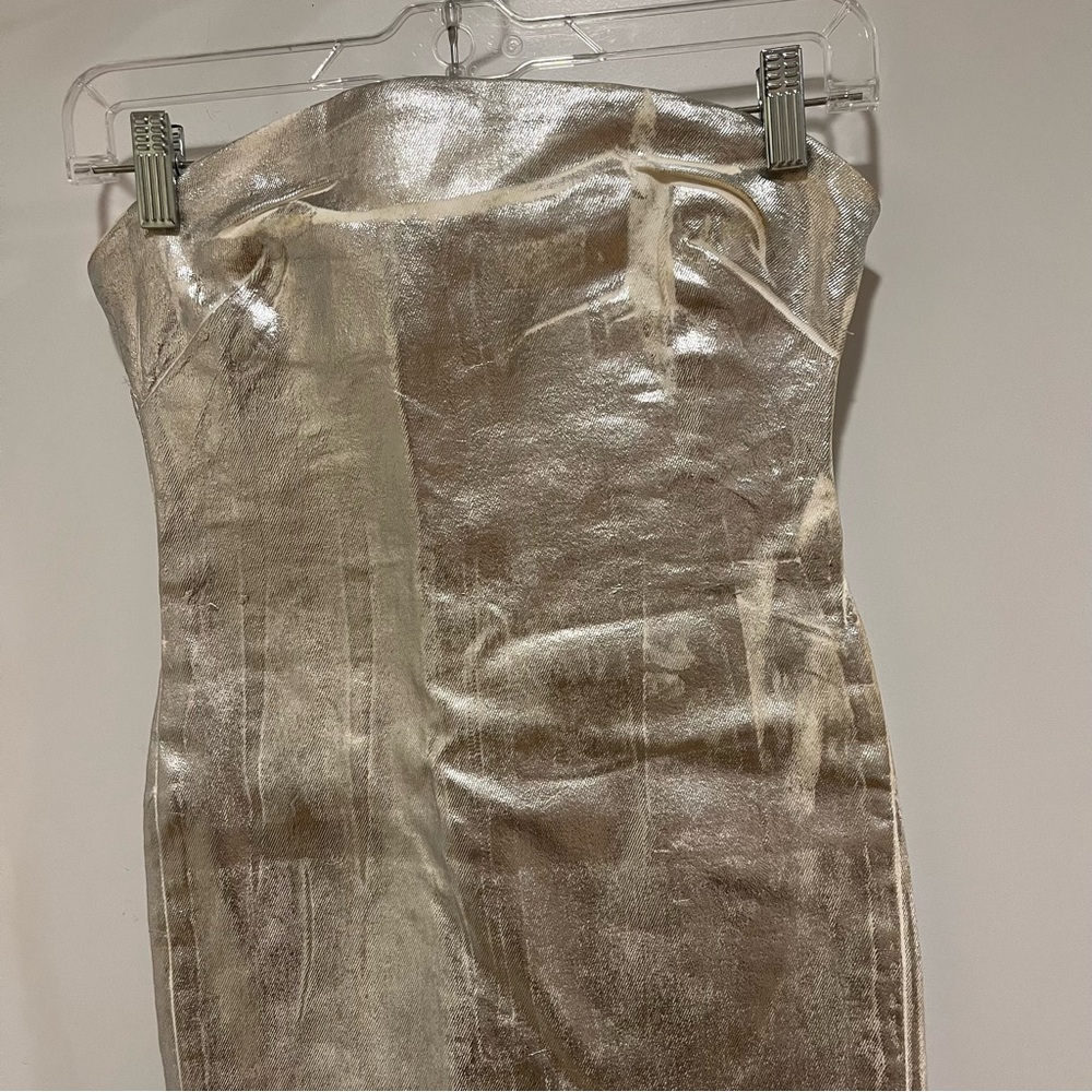 Zara Silver Fitted Metallic Maxi Dress Strapless XS Blogger Fave - Picture 4 of 10